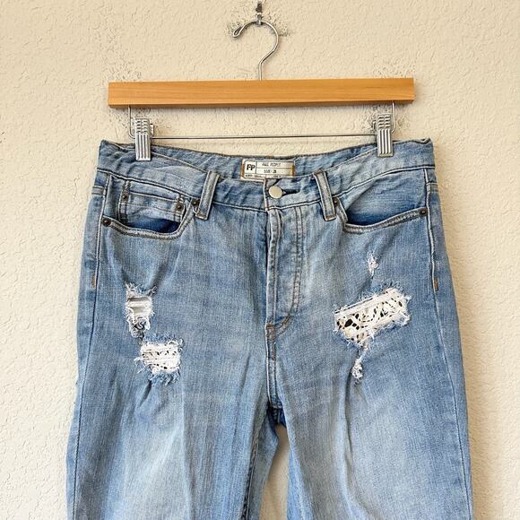 FREE PEOPLE Ella Jeans Blue Denim Distressed Button Fly Cropped - Picture 4 of 14